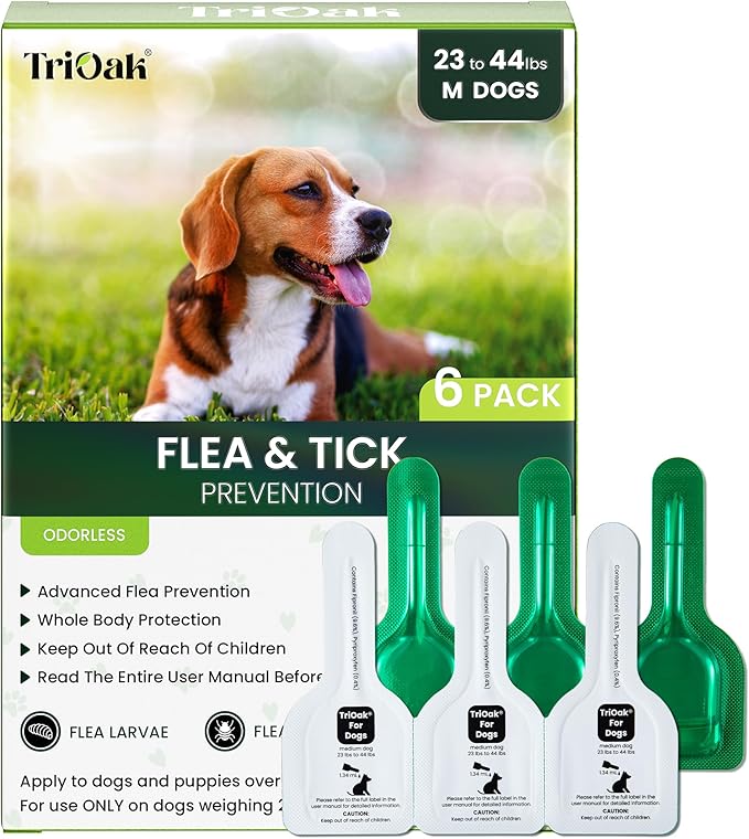 Flea and Tick Prevention for Medium Dogs, 6 Doses Treatment Helps Control Fleas, Ticks and Chewing Lice for Dogs 23-44 lbs, Waterproof, Fast Acting