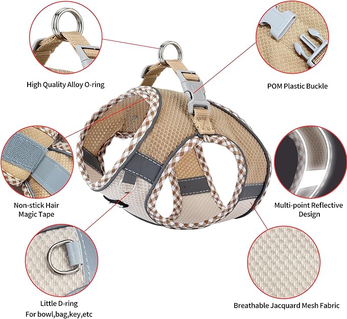 AIITLE Small Dog Harness - Breathable Double-Layer Jacquard No-Choke Vest, Durable Anti-Tear Fabric with Reflective Trim - Perfect for Running, Parties, Daily Walks (Brown-Beige, XS)