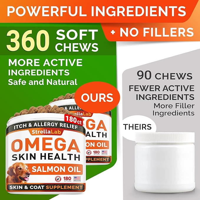 STRELLALAB Omega 3 for Dogs - (360Ct) Fish Oil Treats - Allergy & Itch Relief Skin & Coat Supplement - Dry Itchy Skin, Anti Shedding & Hot Spots Treatment - Pet Salmon Oil Chews - Chicken Flavor