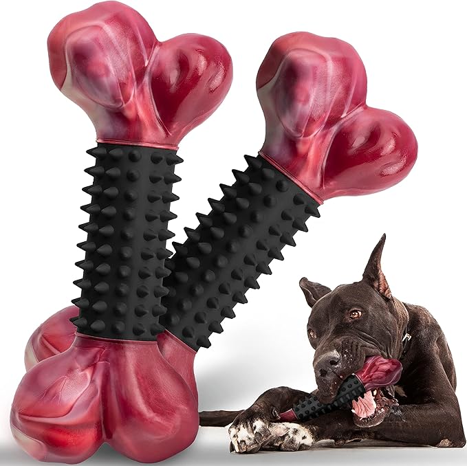 Apasiri 2-Pack Tough Dog Toys for Aggressive Chewers: Bacon Flavored Long Lasting Dog Bones for Large Dogs, Heavy Duty Nylon & Rubber Dog Chew Toys to Keep Them Busy, Medium & Large Breed, Black