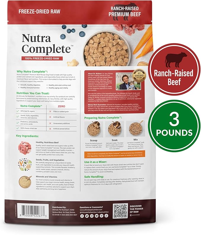 ULTIMATE PET NUTRITION Nutra Complete Freeze Dried Raw Dog Food, Veterinarian Formulated with Antioxidants, Prebiotics & Amino Acids (3 Pound, Beef)