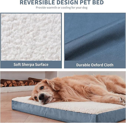 Orthopedic Dog Bed for Extra Large Dogs, XL Comfort Pet Mat for Large Sized Dog 44x32 Inch, Egg Crate Foam with Removable Washable Oxford Cover, Blue White