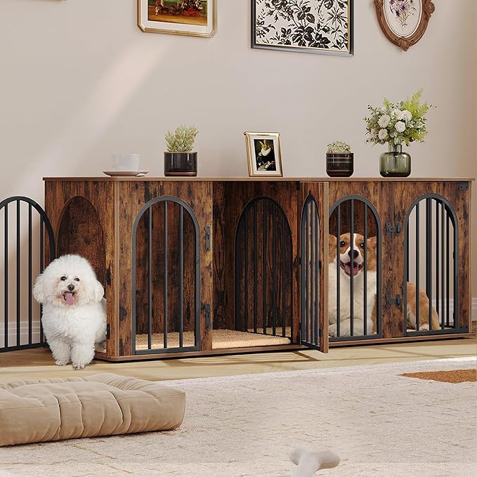Hzuaneri 63" Dog Crate Furniture for 2 Dogs, Heavy Duty Indoor Dog Kennel TV Stand, L Wooden Dog Cage with Divider for Medium Large Dogs, End Table Dog Crate with Cushion, Rustic Brown DFC80901B