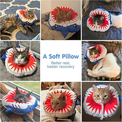 BEAUTYZOO Cat Cone Collars Soft, Cat Recovery E Collars After Surgery to Stop Licking, Adjustable Elizabeth Circle Collar Cute Pet Donut Pillow for Cats Kitten Small Dogs, Cute Shark M