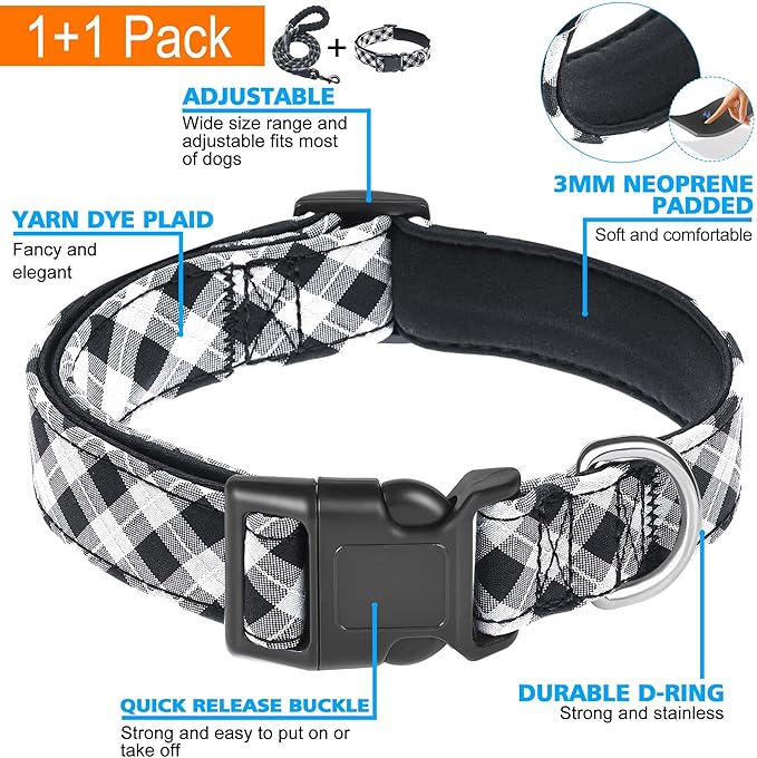 Ladoogo Reflective Dog Collar Padded with Soft Neoprene Breathable Adjustable Nylon Dog Collars for Small Medium Large Dogs (Small (Pack of 1), Black Plaid Collar+Leash)