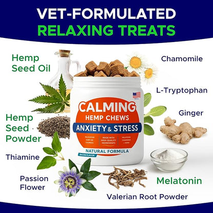 Advanced Calming Chews for Dogs - Hemp Treat + Melatonin + Valerian - Relaxing Bites - Calming Care - Anti-Anxiety & Stress Relief - Made in USA - Calm, Sleep Aid, Storms - 120Ct