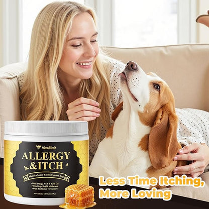 Manuka Honey for Dogs - Allergy Relief & Anti Itch Skin - Comfort and Coat Health - Manuka Honey, Krill Oil, Colostrum, Quercetin, Probiotics, Kelp Powder - 120 Soft Chews