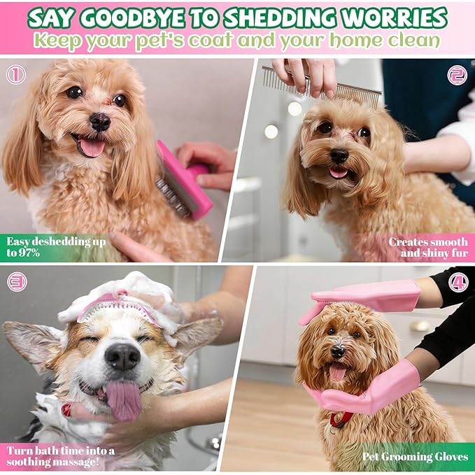 8PCS Dog Slicker Brush for Dogs Grooming Kit,Bath Grooming Kit for Pets,Hair Brush Set with Towel,Washing Gloves,Slicker Comb,and Shampoo Scrubber Brush for Small and Large Dogs and Cats Cats(Pink)