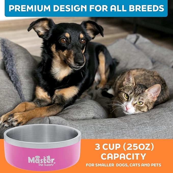 Master Pet Supply Stainless Steel Dog Bowls - 25 oz, Heavy Duty - Hyper Pink, Double Wall Extra-Thick Insulated, Non-Slip Pet Water Bowl for Dogs, Cats & Pets, Anti Rust Metal, Dish Washer Safe