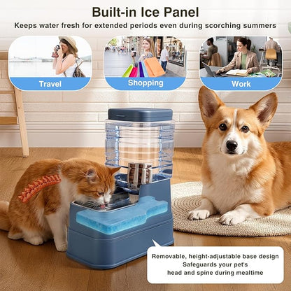 2 Pack Automatic Cat Feeder and Water Dispenser 1.3Gallon Dog Gravity Food Feeder and Water with Ice Pack Stainless Steel Dry Food and Waterer Bowl for Small Medium Large Pets (Blue)