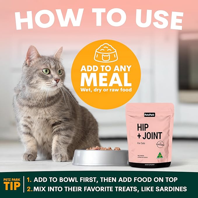 Petz Park Hip + Joint Cat Supplement 60 Scoops, Cat Joint Supplement with Glucosamine, Chondroitin and MSM, Cat Food Topper for Wet and Dry Food, Mobility and Joint Support, Made in Australia