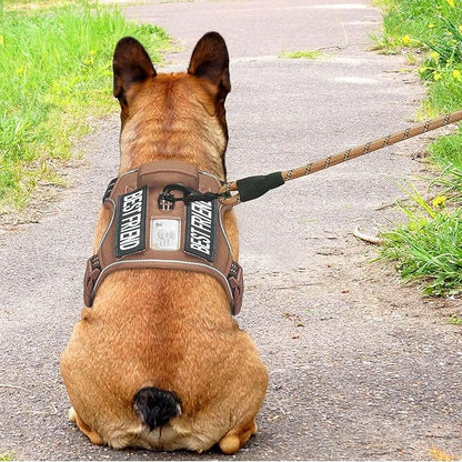 Heavy Duty Tactical Dog Harness for Medium Dogs, Brown, Molle System, Four-Point Adjustment, Anti-Lost ID Tag, Includes 5ft Leash
