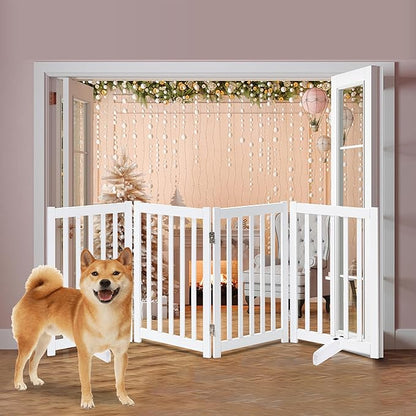 LZRS Freestanding Extra Wide Dog Gate 30 inch Tall - 4 Panels Solid Wooden Pet Gate for Doorways, Stairs, Hallways,Kitchens& Long Areas, Expandable & Foldable with Support Feet,Indoor Use,White