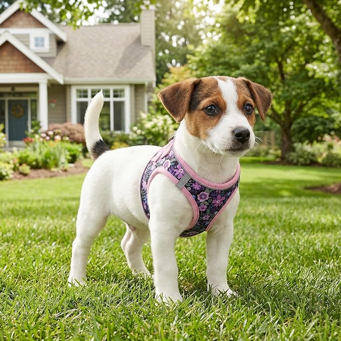 Mihqy Step in Dog Harness and Leash Set, Reflective Adjustable No Pull Dog Harness for Small Medium Dogs Puppy and Cats, Soft Padded Mesh Vest Harnesses for Girl and Boy Pets(Pink Floral,M)