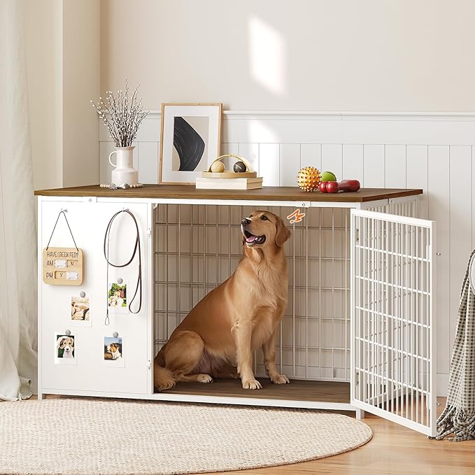 YATINEY Foldable Dog Crate Furniture, 47.2" Dog Crate with DIY Frame, Heavy Duty Dog Kennel Indoor with Hooks, Wooden Dog Cage End Table, for Small/Medium/Large Dogs, White DC120WH