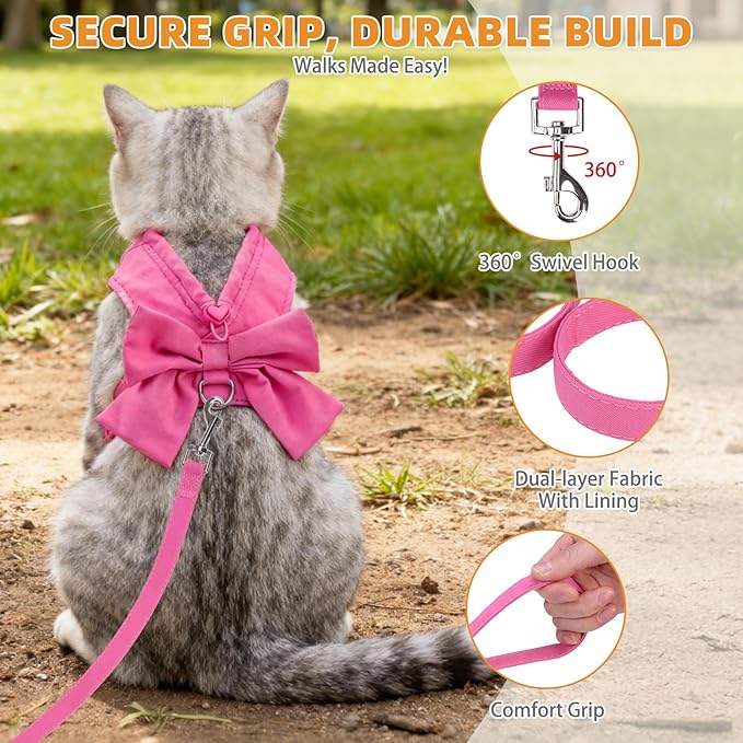 KOOLTAIL Cute Cat Harness and Leash Set with Bowtie, Small Dog Vest Harnesses for Girl Outfit, Step in No Pull Soft Mesh Padded Adjustable Pet Harness for Extra-Samll Medium Puppy Kitten, Pink XS