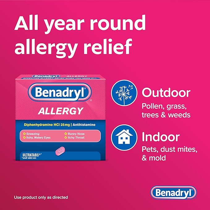 Benadryl Ultratabs Allergy Medicine, 25 mg Diphenhydramine HCl Antihistamine Tablets For Cold & Allergy Relief of Symptoms Like Sneezing, Runny Nose, Itchy Eyes & Throat, Hay Fever, 100 Count Tablets