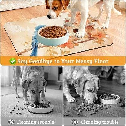 Dog Bowl Mat,Blue Bird Pet Feeding Mat for Floors Waterproof,Fall Leaves Absorbent Dogs Placemat for Food and Water Quick Dry Pet Cat Feeding Mats with Non Slip Bottom 16" x 24"
