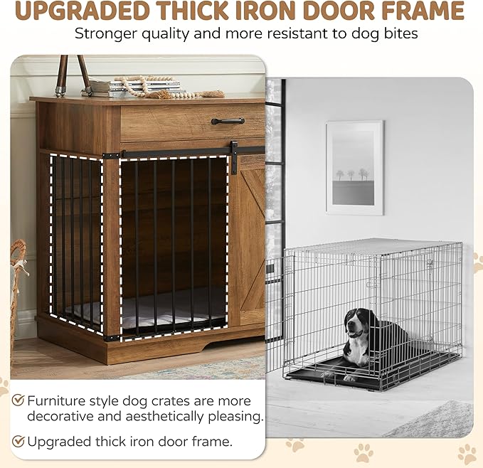 37.8" Furniture Style Dog Crates with Drawer, Farmhouse Wooden Dog Kennel Furniture with Sliding Barn Door & Water Resistant for Small/Medium/Large Dog, Rustic Oak