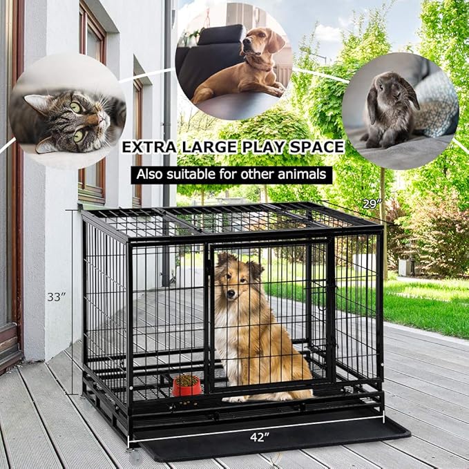 Dog Crate Dog Cage Dog Kennel for Large Dogs Heavy Duty 42 Inches Pet Playpen for Training Indoor Outdoor with Plastic Tray Double Doors & Locks Design