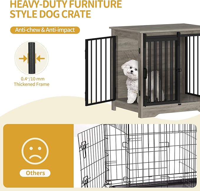 Hzuaneri 27.2" Dog Crate Furniture with Barn Door, Heavy Duty Dog Kennel Indoor with 2 Doors, Wooden Pet Cage End Table for Small Medium Dogs up to 22 lb, Anti-Chew Anti-Escape, Greige DFC84305B