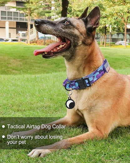 Hotsky Tactical Dog Collar, Adjustable Military Training Nylon Airtag Collar with Handle and Heavy Duty Metal Buckle for Medium Large Dogs, with Airtag Holder and Two Patches（Purple Camo,M）