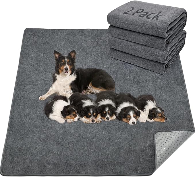LOOBANI 2 Packs Extra Large Reusable Dog Mat for Floor, Non-Slip Washable Pee Pads for Dogs, Fast Absorbent Pet Whelping Pads, Puppy Playpen Mat for Incontinence, Housebreak, Crate, 72x72in,Gray