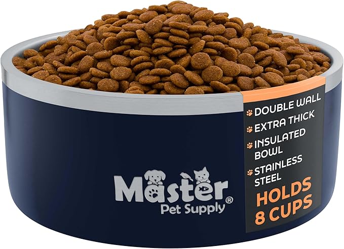 Master Pet Supply Stainless Steel Dog Bowls - 64 oz, Heavy Duty - Navy Blue, Double Wall Extra-Thick Insulated, Non-Slip Pet Water Bowl for Dogs, Cats & Pets, Anti Rust Metal, Dish Washer Safe