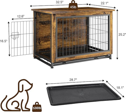 JY QAQA Dog Crate Furniture, Wooden Dog Crate Table, Double-Doors Dog Furniture, Indoor Kennel, Dog Cage/Brown/M