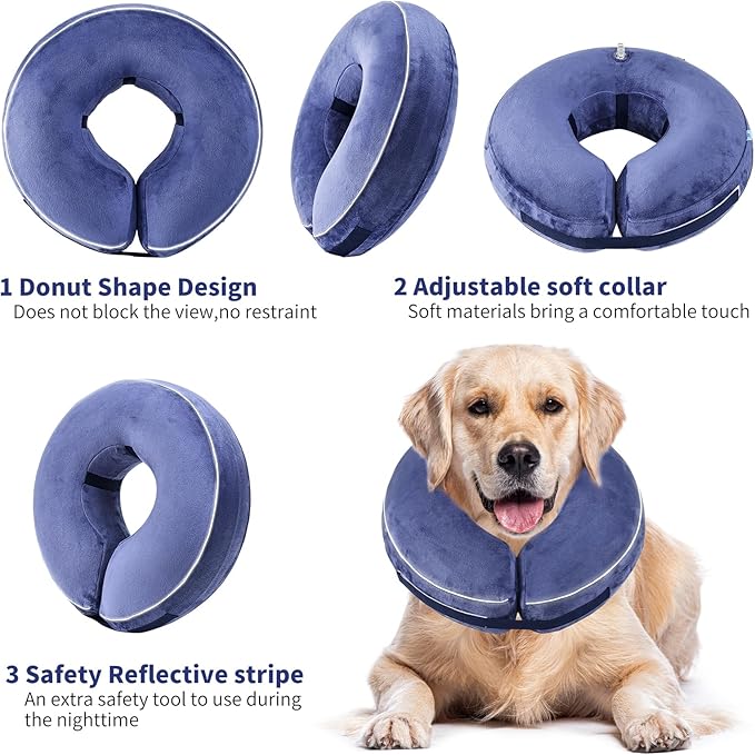 Inflatable Reflective Dog Cone Collar Alternative After Surgery,Doggie Recovery Dount Neck Ecollar,Adjustable Soft Dog Cone Collar for Small Medium Large Dogs (Blue, XXL)