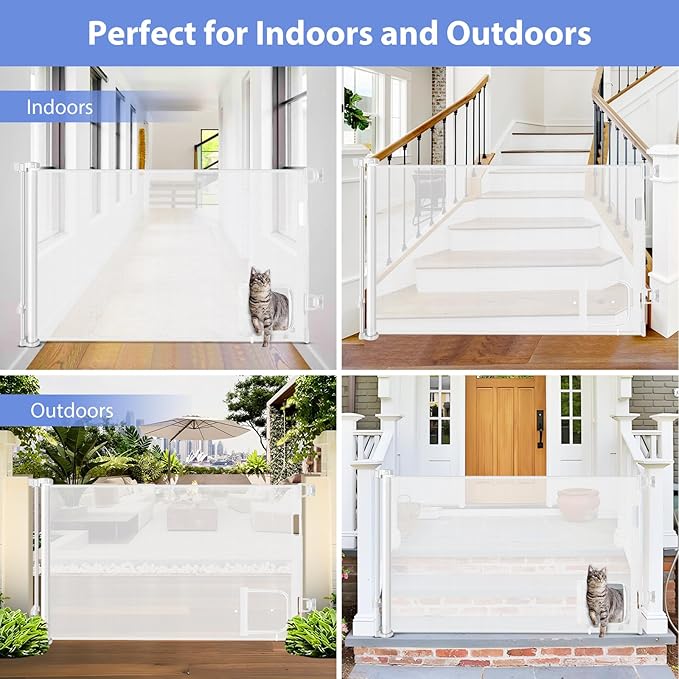 Retractable Baby Gate with Cat Door 55" Wide Retractable Baby Gate for Stairs Mesh Baby Gate with Pet Door Retractable Dog Gate for The House Retractable Pet Gate with Door Safety Gates for Toddlers