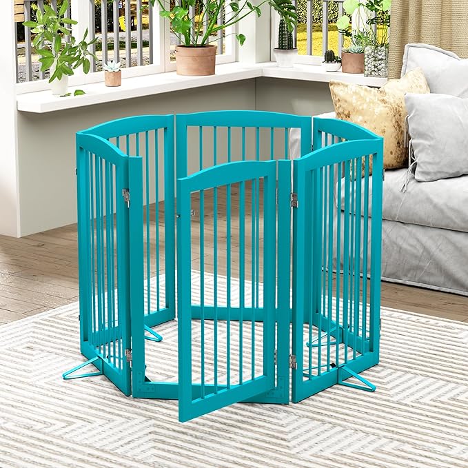 PUPETPO Freestanding Pet Gate with Door, Tall Dog Gate for House, Extra Wide, Pet Puppy Safety Fence, Support Feet Included, 120 Inch Wide, 6 Panels 32" Tall, Blue