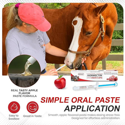 Ivermectin Horse Paste 1.87% Dewormer 6.08g Dose-Effective Appled Flavored Ivermectin Paste for Equine Care,Horse Deworming Paste -for Horses Up to 1250 lb (6 Pack)