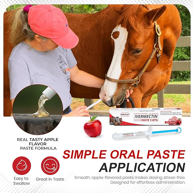 Ivermectin Horse Paste 1.87% Dewormer 6.08g Dose-Effective Appled Flavored Ivermectin Paste for Equine Care,Horse Deworming Paste -for Horses Up to 1250 lb (2 Pack)