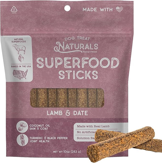 Dog Treat Naturals Superfood Sticks, Lamb & Date, 10oz Bag | Dog Chew Sticks | All-Natural, Pet Training Treats | Joint-Skin-Coat Health | USA Made