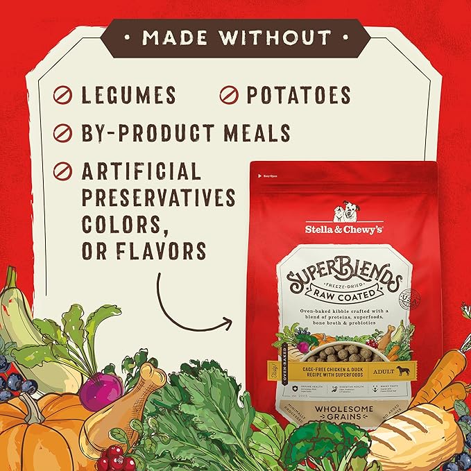 Stella & Chewy's SuperBlends Raw Coated Wholesome Grains Cage-Free Chicken & Duck Recipe with Superfoods, 21 lb. Bag