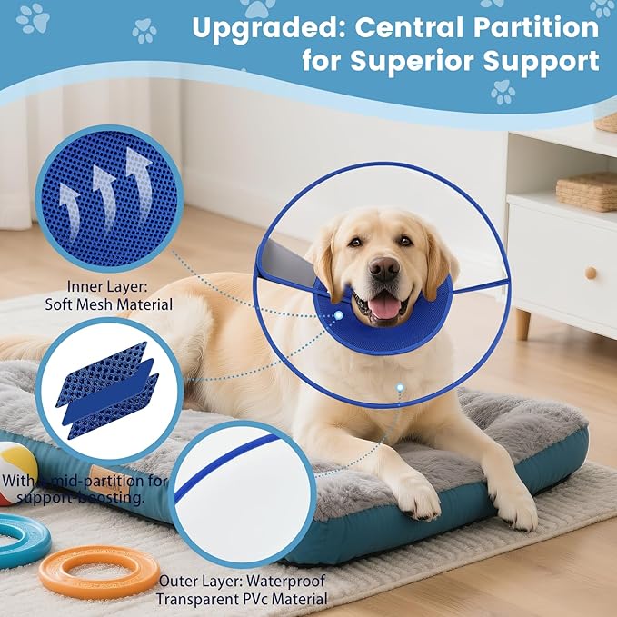 Upgraded Dog Cone Collar After Surgery, Soft Breathable Pet Recovery Collar with Double-Layer Design and Support Plate, Adjustable Dog Cone Collar for Large Medium Dogs, Elizabethan Collar（Blue，L）