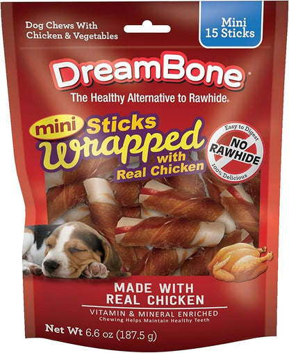 DreamBone Mini Sticks Wrapped With Real Chicken, Rawhide Free Dog Chew Sticks, 15 Count