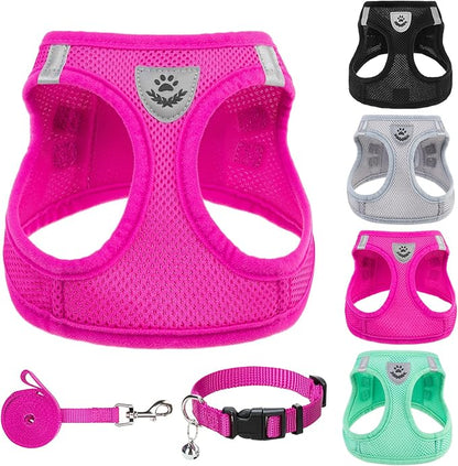 PUPTECK Adjustable Dog Harness Collar and Leash Set Step in No Pull Pet Harness for Small Medium Dogs Puppy and Cats Outdoor Walking Running, Soft Mesh Padded Reflective Vest Harnesses, Solid Pink S