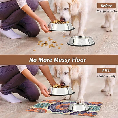 Mandala Flower Dog Cat Food Mat,Vintage Boho Floral Absorbent Pet Feeding Mat with Rubber Backing,Non-Slip Water Bowl Placemat,Indoor Pet Accessories Supplies 12"x20"