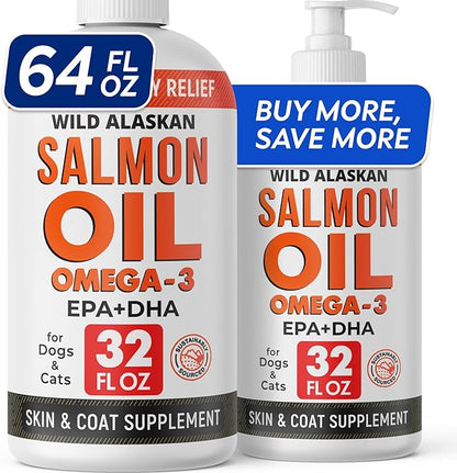 StrellaLab 64 OZ Salmon Oil for Dogs - Omega 3 for Dogs & Cats, Itch & Allergy Relief, Wild Alaskan Salmon Oil Dogs Skin & Coat, Dog Fish Oil Liquid, Shedding Supplement EPA & DHA Fatty Acids - 2Packs
