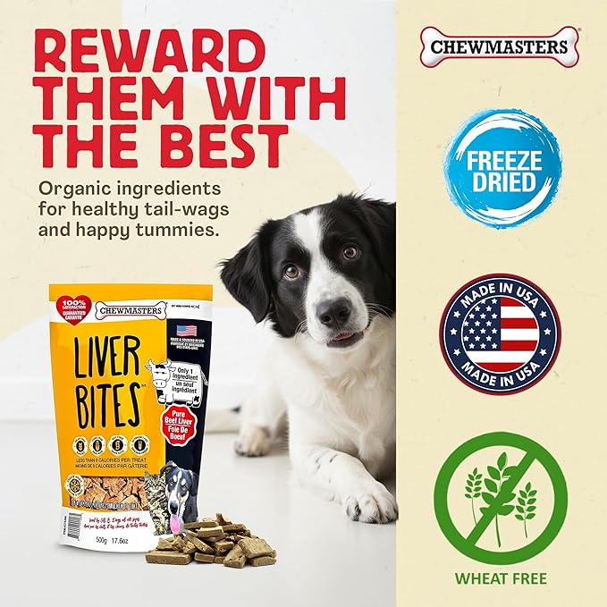 Chewmasters 100% Pure Beef Liver Bites - Healthy Freeze Dried Liver Treats for Dogs of All Life Stages - High Protein Dog Training Treats, Grain Free, All Natural, Zero Additives - Made in USA, 17.6oz