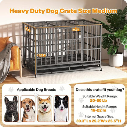 Hiwokk 42 Inch Heavy Duty Dog Crate, Indestructible Escape-Proof Dog Kennel for High Anxiety Large Dogs, Strong Metal Pet Cage with Double Doors, Lockable Wheels & Removable Tray, XL XXL XXXL