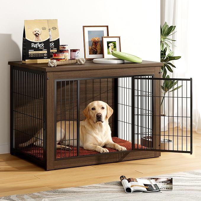 Greesum Modern Dog Crate Furniture That Doubles as a Side Table - Sturdy Wooden Kennel with Double Door Design, Equipped with Soft Cushion & Chew-Resistant Resign, Suitable for Dogs