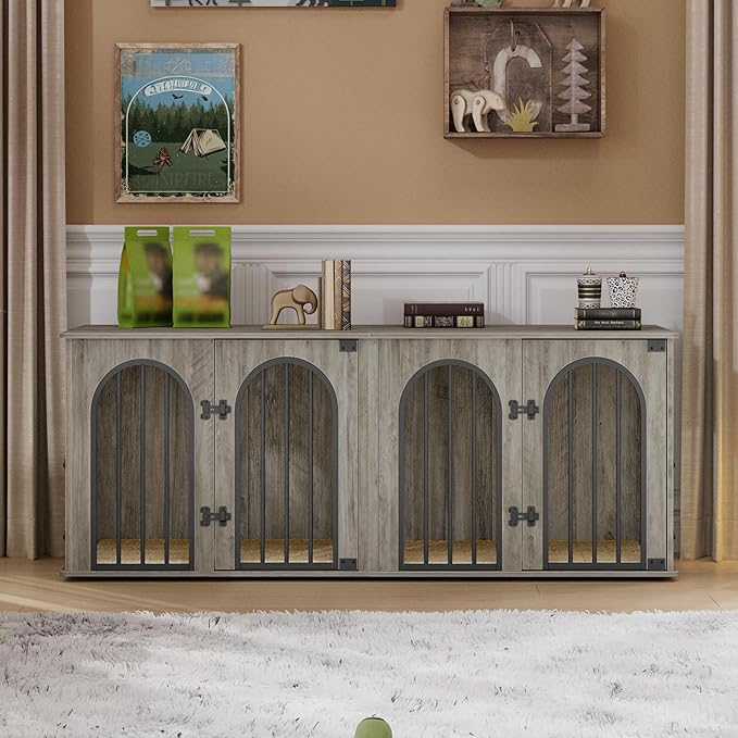 Hzuaneri 63" Dog Crate Furniture for 2 Dogs, Heavy Duty Indoor Dog Kennel TV Stand, L Wooden Dog Cage with Divider for Medium Large Dogs, End Table Dog Crate with Cushion, Greige Black DFC80905B