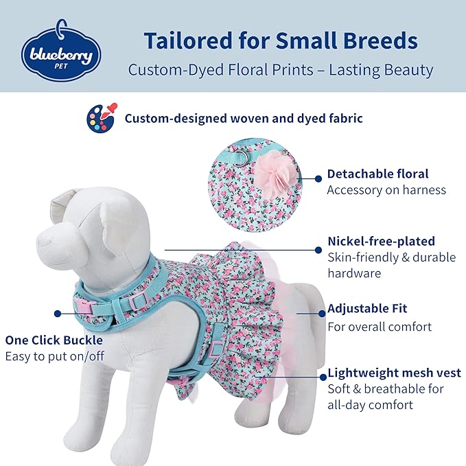 Blueberry Pet Soft & Comfy Made Well Cute Floral No Pull Mesh Puppy Dog Costume Harness Dress in Light Blue, Chest Girth 14"-16", X-Small, Adjustable Harnesses for Dogs