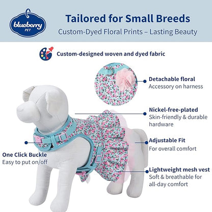 Blueberry Pet Soft & Comfy Made Well Cute Floral No Pull Mesh Puppy Dog Costume Harness Dress in Light Blue, Chest Girth 14"-16", X-Small, Adjustable Harnesses for Dogs