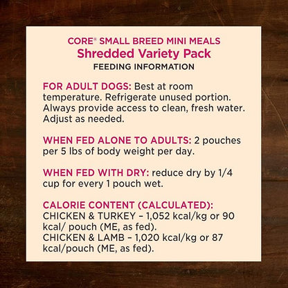 Wellness CORE Small Breed Mini Meals Shredded Variety Pack Adult Wet Dog Food, Grain Free, Natural, 3 oz, Pack of 12
