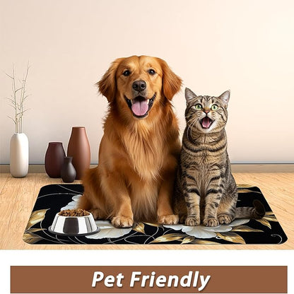 White Flowers Pet Feeding Mat,Glitter BloomingAbsorbent Quick-Dry Cat Dog Food and Water Bowl Mats,Non-Slip Rubber Backing Mat,Cat Dog Accessories Supplies 12"x20"