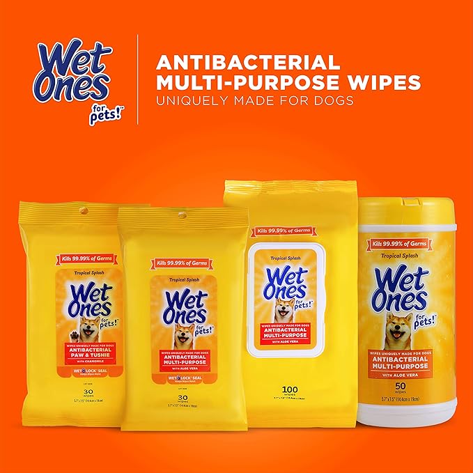 Wet Ones for Pets Antibacterial Dog Wipes, Multi-Purpose Grooming Wipes with Aloe Vera for Paws, Face & Body, Easy Cleanups Between Baths, Tropical Splash Scent, 5.7 in x 7.5 in, 50 Count - 3 Pack